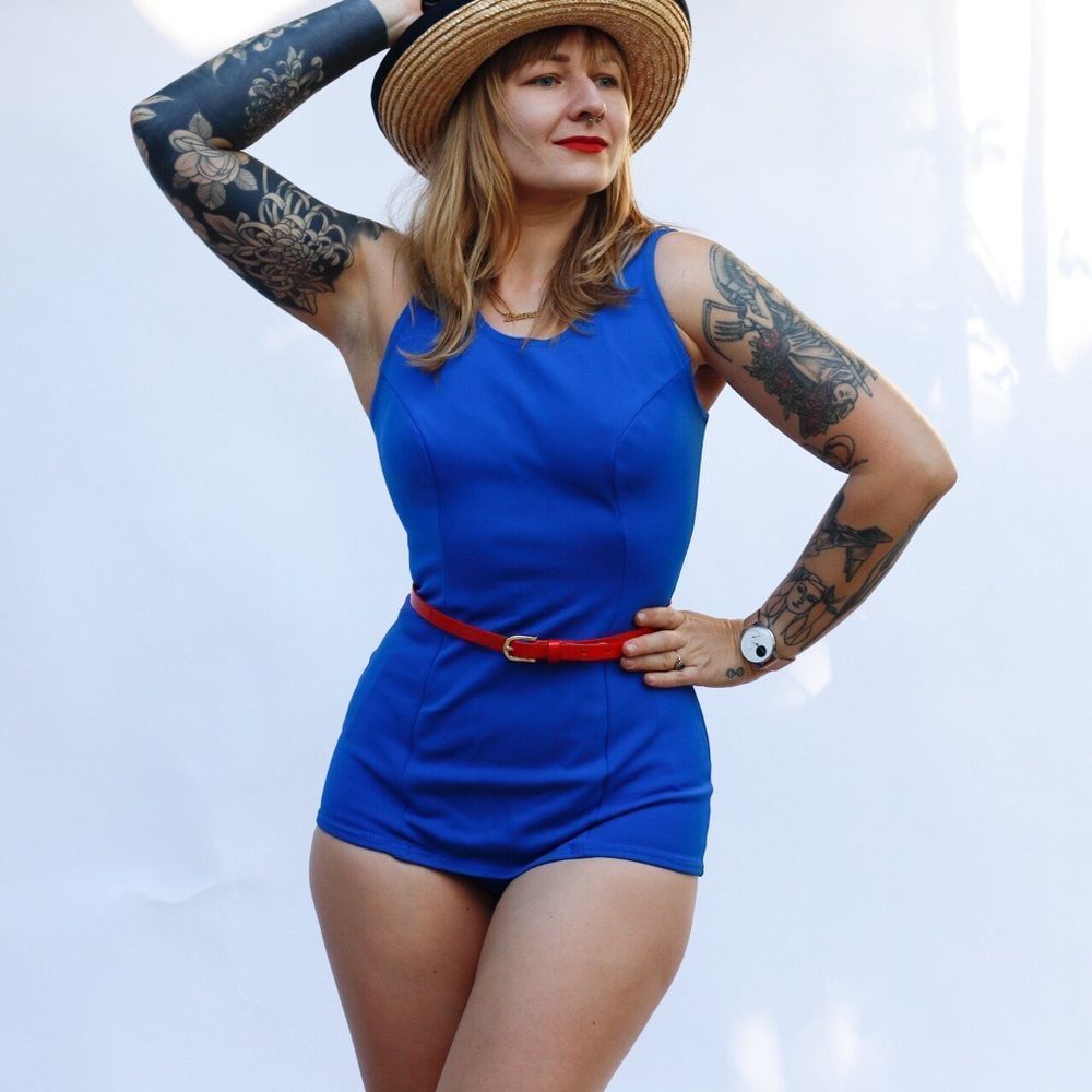 Vintage 60s 70s Retro One Piece Stretch Nylon Swimsuit Pin Up Mod Playsuit Blue - Picture 3 of 16
